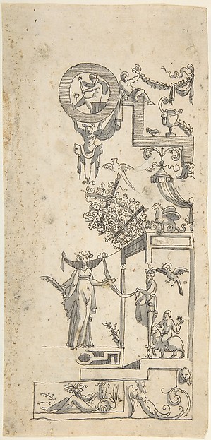 Anonymous, Italian, 16th century, Grotesque with a Victory Figure Under an Overgrown Pergola