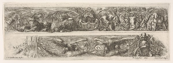 Stefano della Bella, Two Designs for Friezes or Consoles characterized by Armorial Trophies, plate 6 from "Decorative friezes and foliage" (Ornamenti di fregi e fogliami)