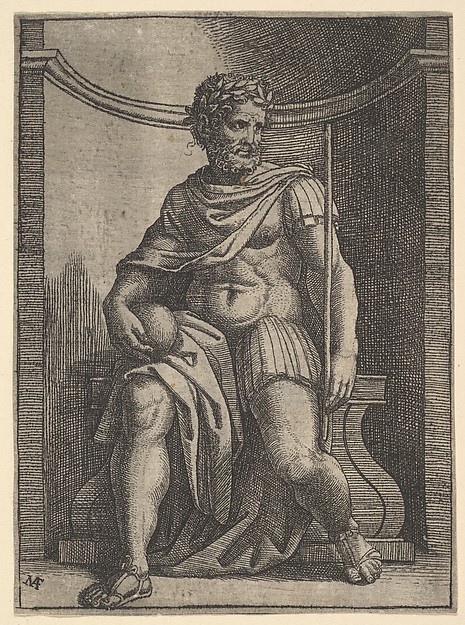 Marcantonio Raimondi, A  Roman emperor sitting in a niche holding a globe and sceptre and looking to his left