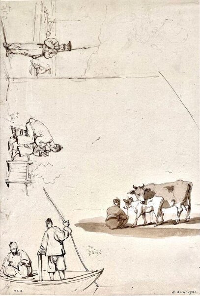 George Chinnery, Four sketches of figures and cattle, Macau