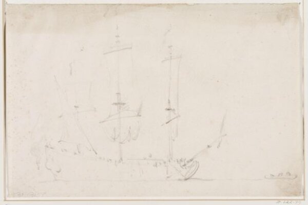 willem van de velde the younger, A ship becalmed; broadside view