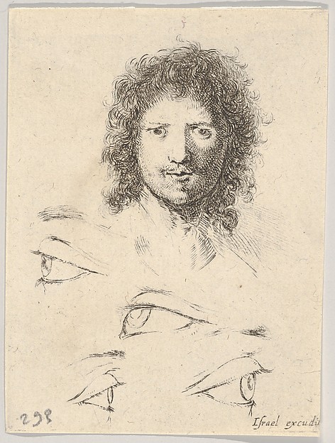 Stefano della Bella, Plate 2: At top, the head of a young man, frontal view, at bottom, four eyes, from "The Book for Learning to Draw" (Livre pour apprendre à dessiner)