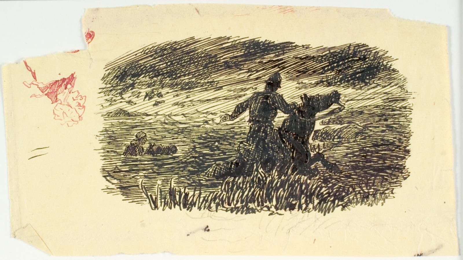 Lorenz Frølich, To ryttere, der rider op fra havet. Illustrationsudkast