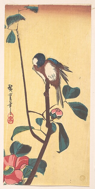 Utagawa Hiroshige, Camellia and Blue-Headed Bird