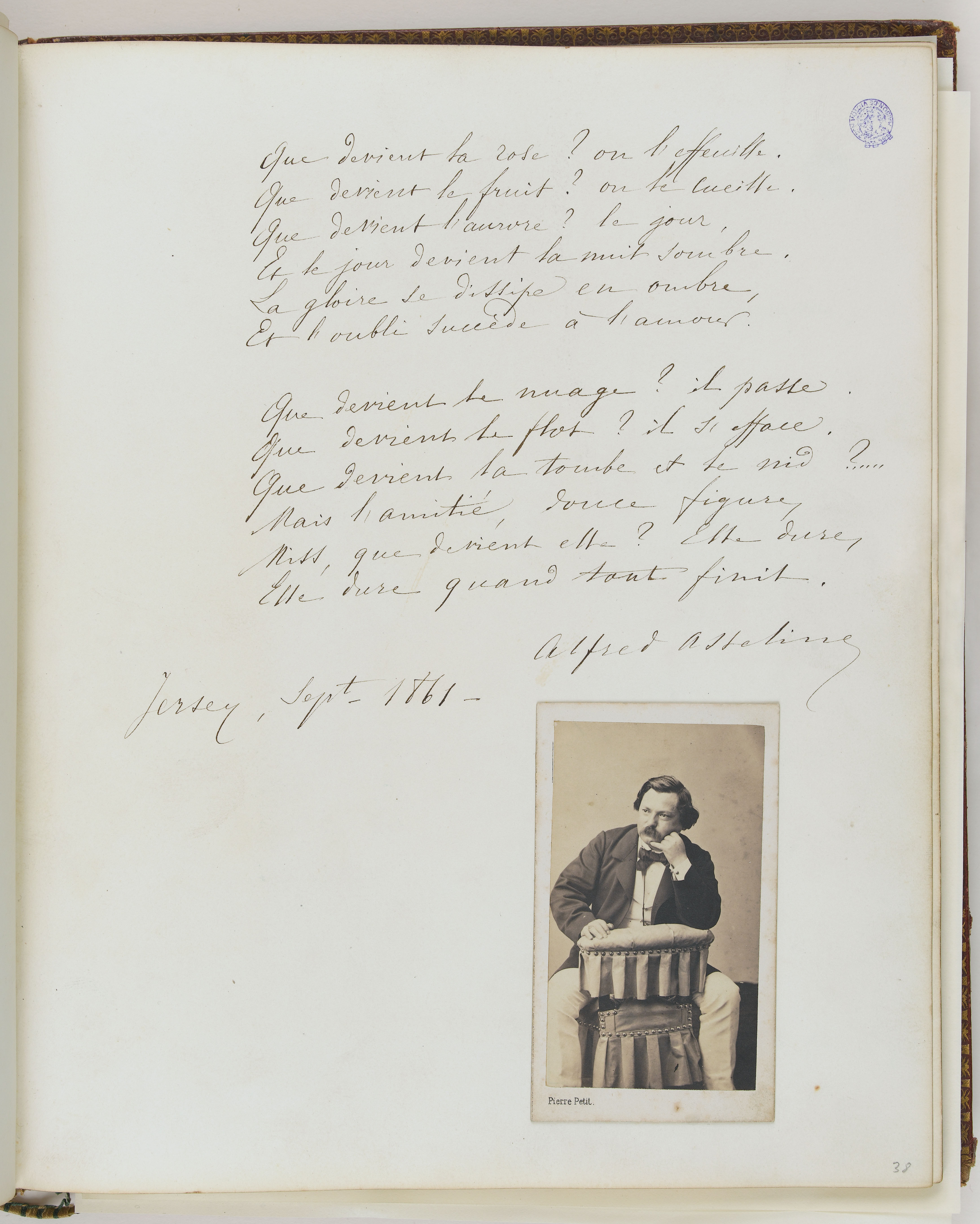 Pierre Petit, Portrait et poème autographe d'Alfred Asseline