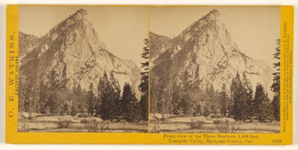 Carleton Watkins, Front view of the Three Brothers, 4,480 feet, Yosemite Valley, Mariposa County, Cal.