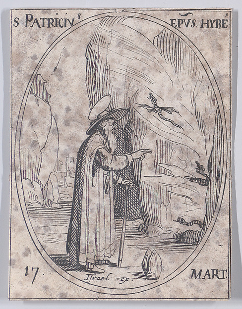 Jacques Callot, Ste. Patrice, évêque d'Irelande (St. Patrick, Bishop of Ireland), March 17th, from "Les Images De Tous Les Saincts et Saintes de L'Année" (Images of All of the Saints and Religious Events of the Year)