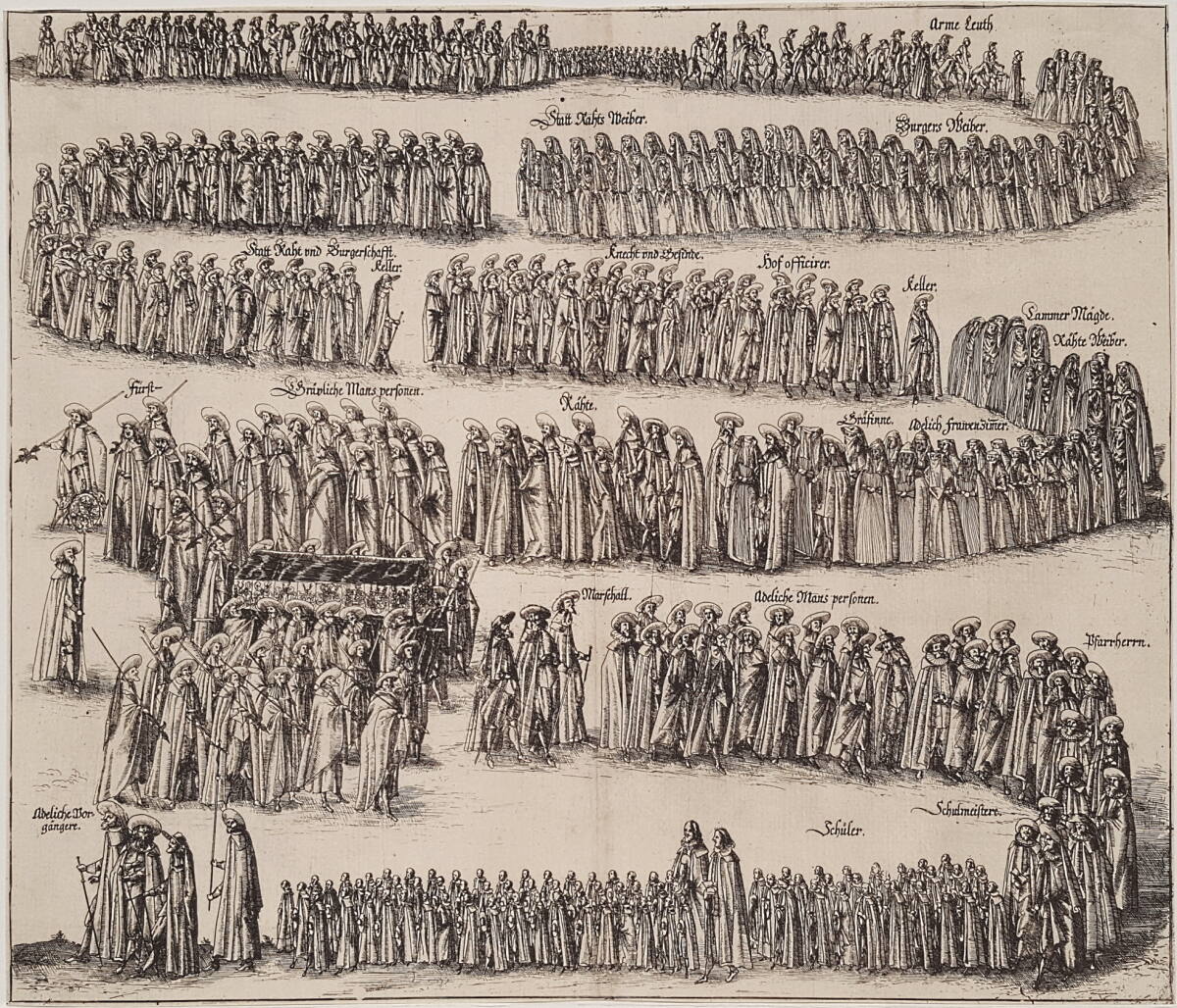 Anonym, Trauerzug mit dem Sarg der Landgräfin Anna Margaretha von Hessen-Darmstadt vom Schloß in die Markuskirche am 1. September 1629 (jul.) in Butzbach