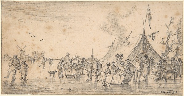 Jan van Goyen, River Landscape in Winter with Figures Skating and Sleds