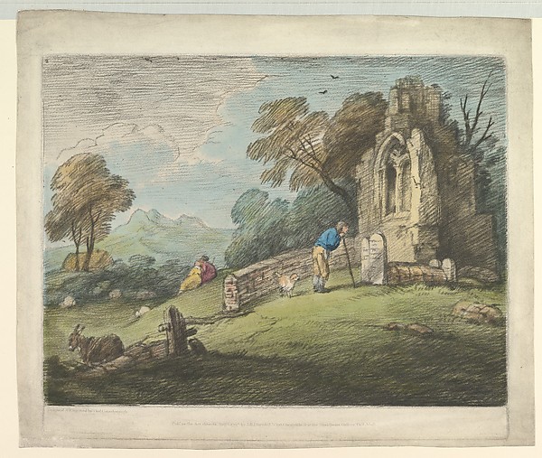Thomas Gainsborough, Wooded Landscape with Peasant Reading Tombstone, Rustic Lovers and Ruined Church