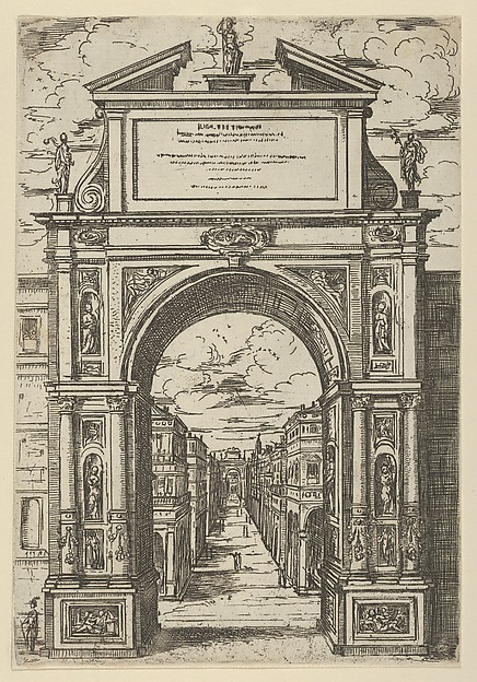 Guido Reni, Triumphal arch surmounted by a statue representing the city of Bologna, buildings seen through the arch below, a temporary decoration for the entry of Pope Clement VIII in Bologna in 1598