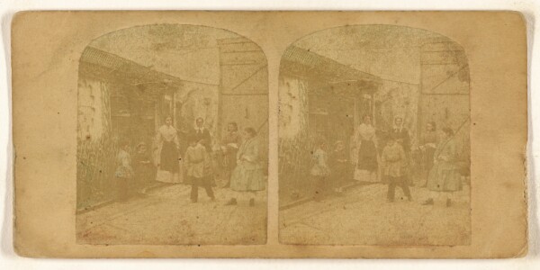 Unknown, [Children playing a game in the garden, adults observing]