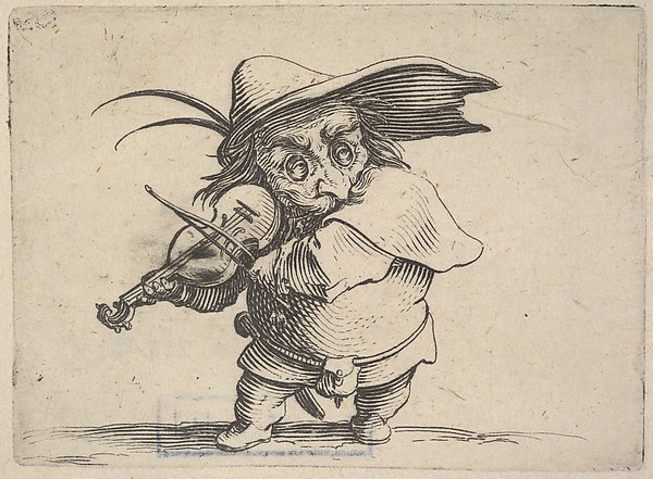 Jacques Callot, Small, masked male figure playing a violin, from "Varie Figure Gobbi"