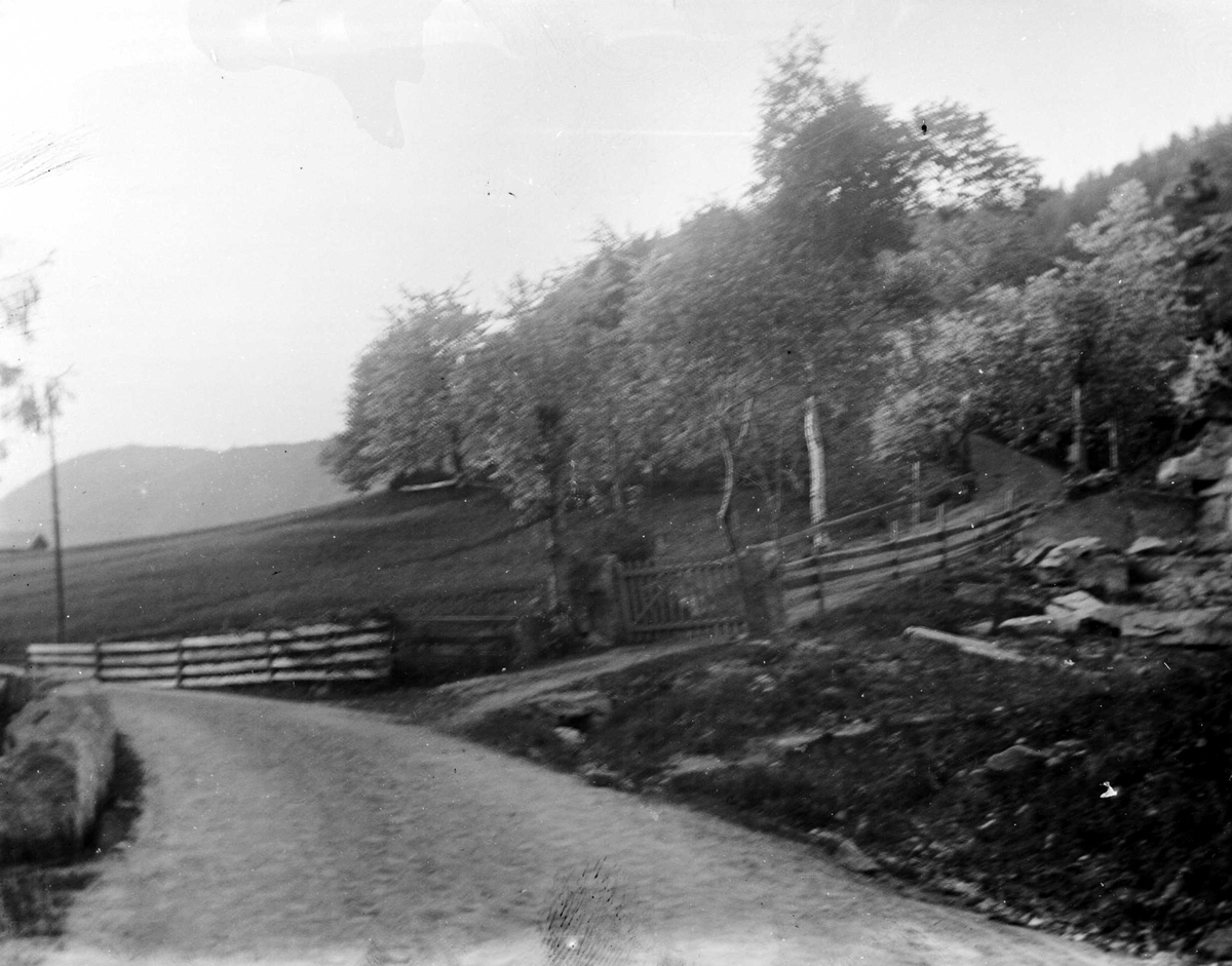 Juliane Fredrikke Langberg, Veiparti nær Hurum kirke med tregjerder og grind. Fra malerinne Juliane Fredrikke Langbergs (1856-1930) samling, tatt ca.1895-1910 med motivkrets slekt og venner samt steder tilknyttet samvær med disse.