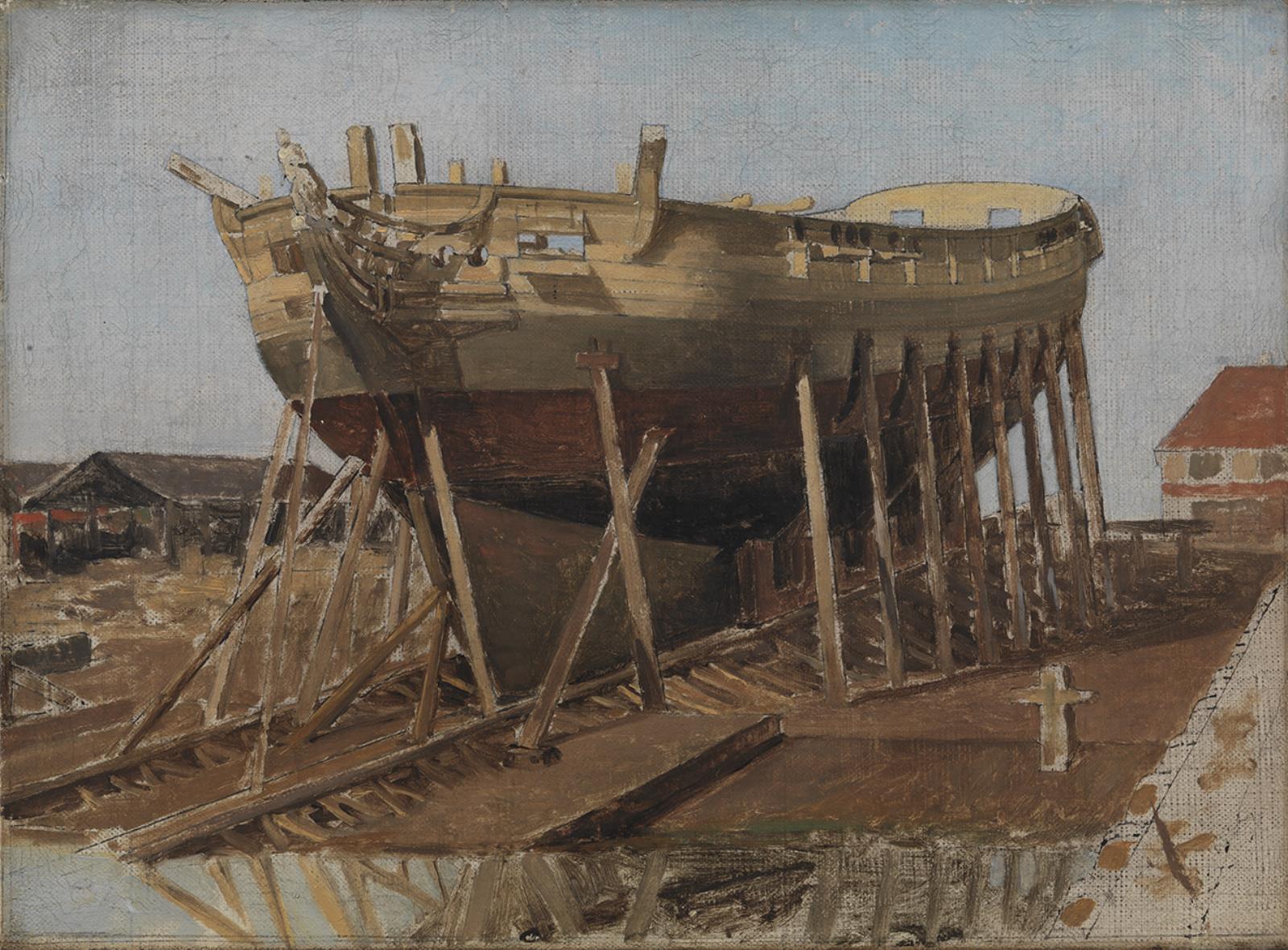 C.W. Eckersberg, En korvet på stabelen. Nyholm med spanteloftbygningen i baggrunden
