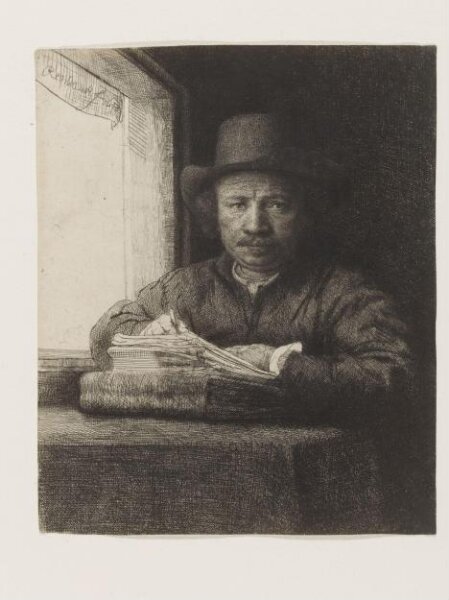 Rembrandt van Rijn, Self portrait, drawing at a window