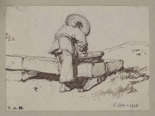 George Chinnery, A Chinese man leaning over a basket placed on a stone block