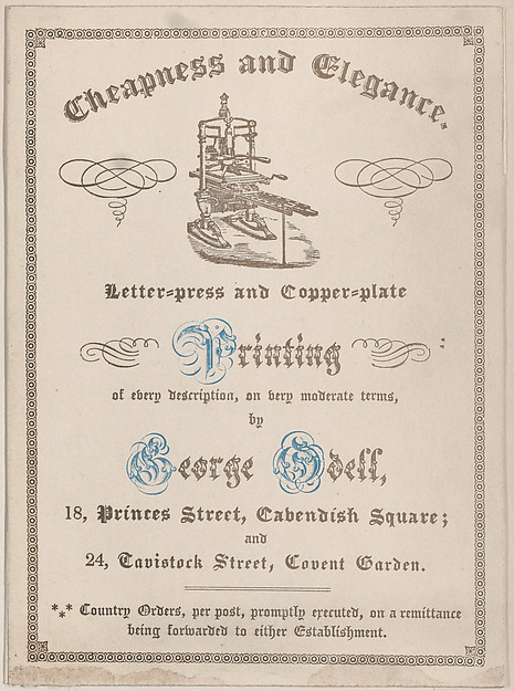 Anonymous, British, 19th century, Trade card for George Odell, Printer