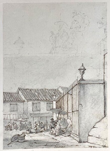 George Chinnery, Figures by the railings outside S. Domingos Church, Macau
