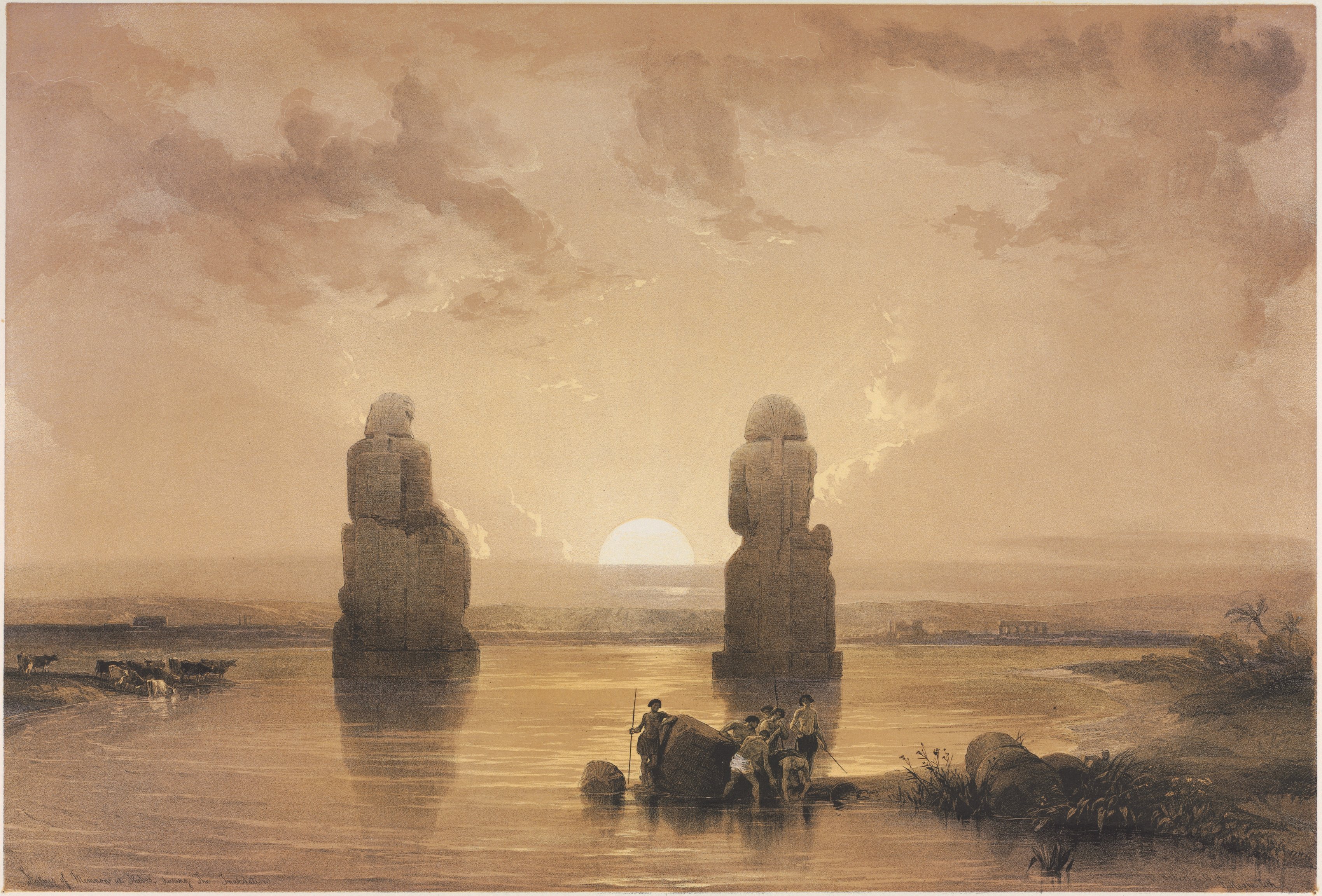 Louis Haghe, Egypt and Nubia, Volume II: Statues of Memnon at Thebes, during the Inundation