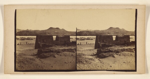 Francis Frith, [Single ruin in middle of desert, mountains in background]