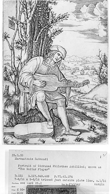 Marcantonio Raimondi, Portrait of Jean-Philotée Achillini: seated man playing guitar on hill near tree, landscape with small town in background