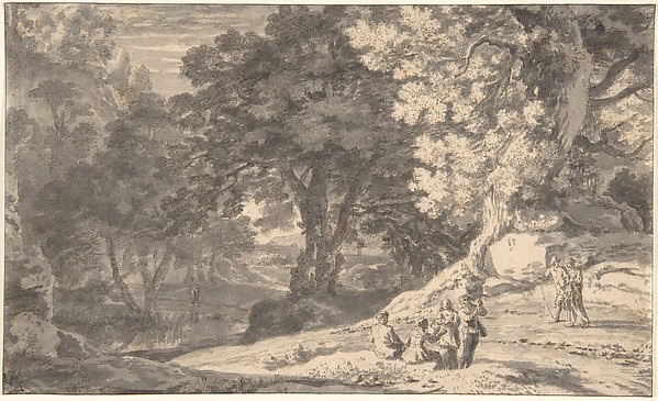Herman van Swanevelt, A Wooded Landscape with Travellers by the Roadside, a Stream beyond