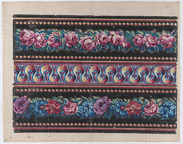 Anonymous, Sheet with a border with pink and multicolor floral garlands on a black background