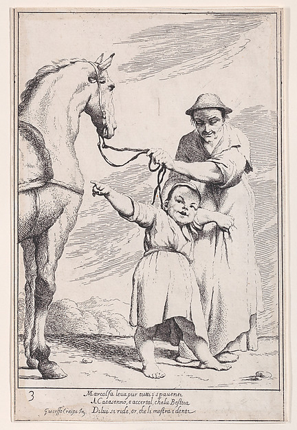Giuseppe Maria Crespi, Plate 17: Marcolfa shows Cacasenno a horse, from "Bertoldo, Bertoldino, and Cacasenno"