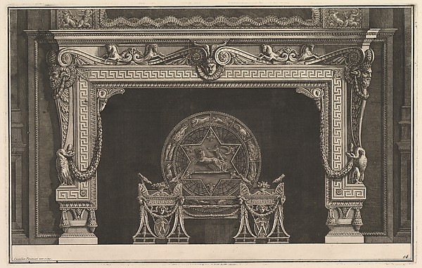 Giovanni Battista Piranesi, Chimneypiece: Architrave decorated with a Greek key motif and a circular fireback with figures of the zodiac (Ch. décorée d'une grecque), from Diverse Maniere d'adornare i cammini ed ogni altra parte degli edifizi...(Different Ways of ornamenting chimneypieces and all other parts of houses)