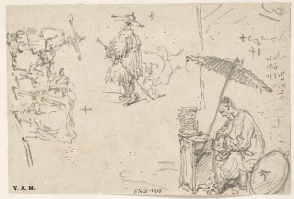 George Chinnery, Three sketches of Chinese figures, one with a cow