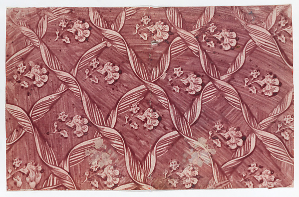 Anonymous, Paste paper with overall red floral and ribbon pattern