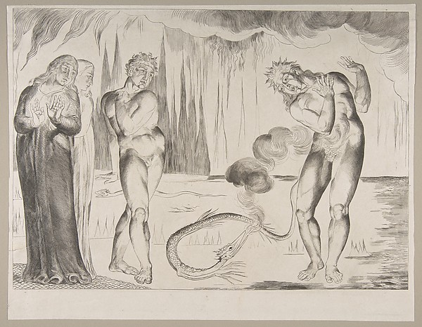 William Blake, The Circle of the Thieves; Buoso Donati Attacked by the Serpent
