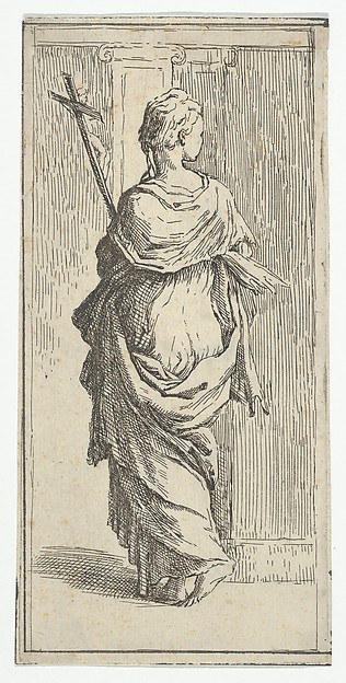 Guido Reni, Girl carrying a crucifix and stepping toward a pilaster, seen from behind