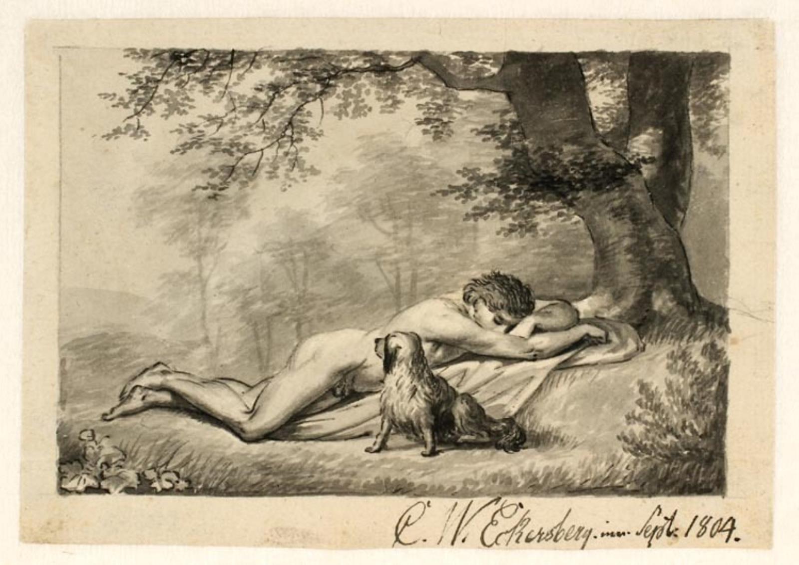 C.W. Eckersberg, En nøgen ung mand, der ligger og sover ved foden af et træ, ved hans side en hund