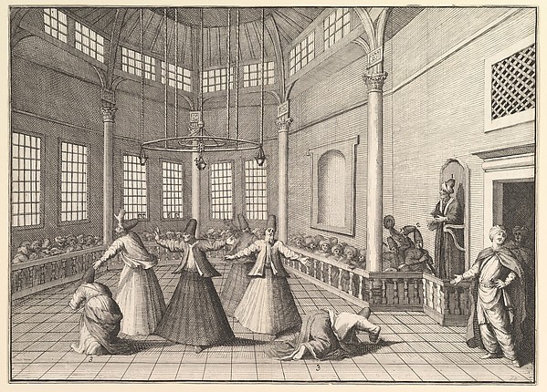 William Hogarth, The Inside of a Mosque, the Dervishes Dancing  (Aubry de La Mottraye's "Travels throughout Europe, Asia and into Part of Africa...,"  London, 1724, vol. I, pl. 16)