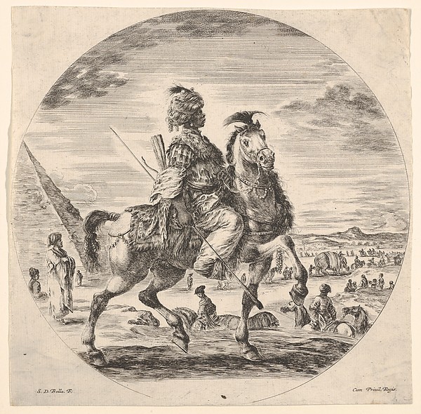 Stefano della Bella, Moorish horseman in profile facing right, in the background a pyramid at left, many figures and an elephant, from "Figures on Horseback" (Cavaliers nègres, polonais et hongrois)