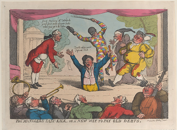 Thomas Rowlandson, The Manager's Last Kick, or a New Way to Pay Old Debts