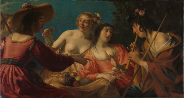 Gerard van Honthorst, Shepherd Playing the Flute, and Four Shepherdesses