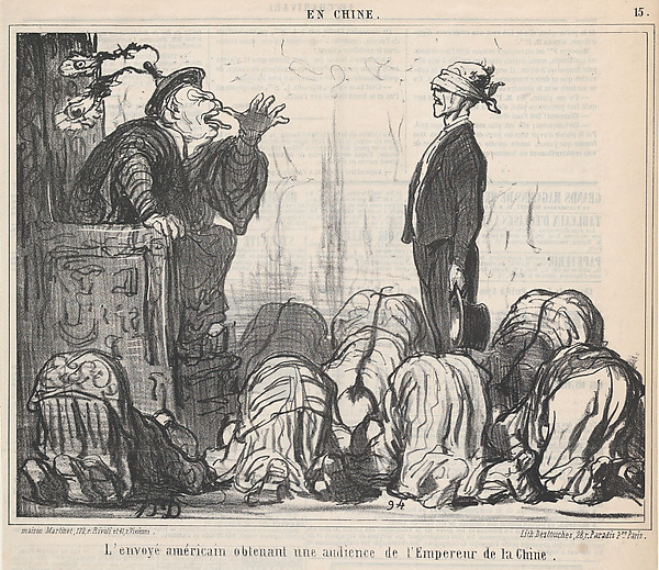 Honoré Daumier, L'envoyé américain obtenant une audience de l'Empereur de la Chine...., from En Chine, published in Le Charivari, October 21, 1859