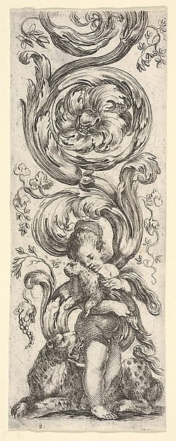 Stefano della Bella, A young boy holding a young leopard in his arms, the mother leopard laying below, from "Ornaments or Grotesques" (Ornamenti o Grottesche)