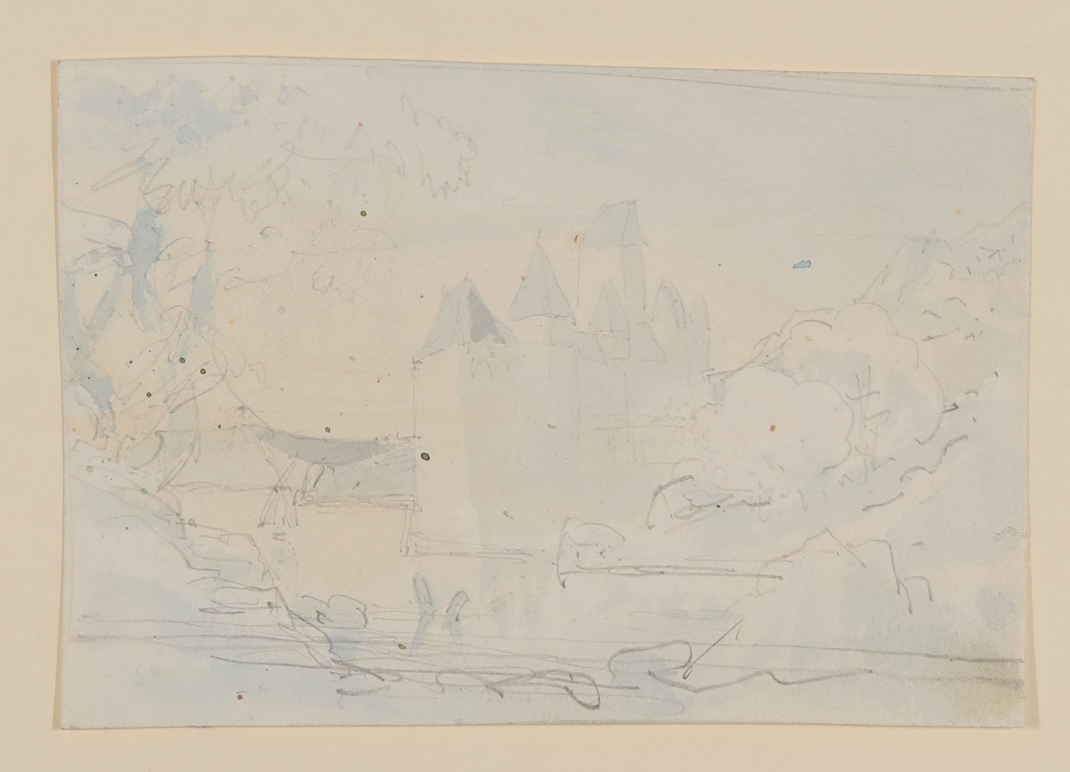 Maximiliane von Arnim, Wasserschloss am See [lose einliegendes Blatt aus Maximiliane von Arnims Skizzenbuch mit Motiven aus Wiepersdorf und Rügen]