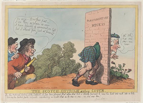 Thomas Rowlandson, The Scotch Ostrich Seeking Cover
