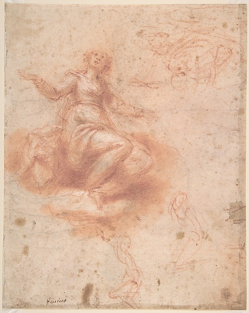 Francesco Furini, Young Woman on a Cloud with Three Figures (recto); Studies of an Old Man and a Hand (verso)