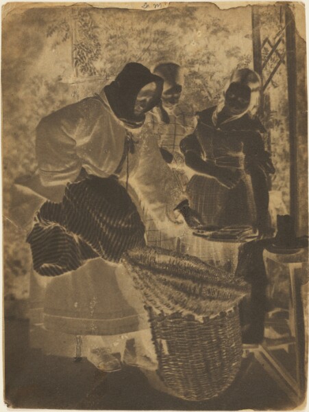 Hill & Adamson, [Two unknown women and Mrs. Barbara (Johnstone) Flucker selling fish at the door of Rock House]