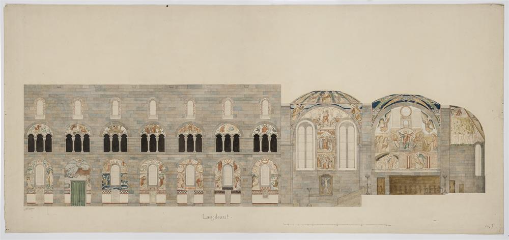 Joakim Skovgaard, Udkast til freskerne i Viborg Domkirke. Længdesnit, med målestok