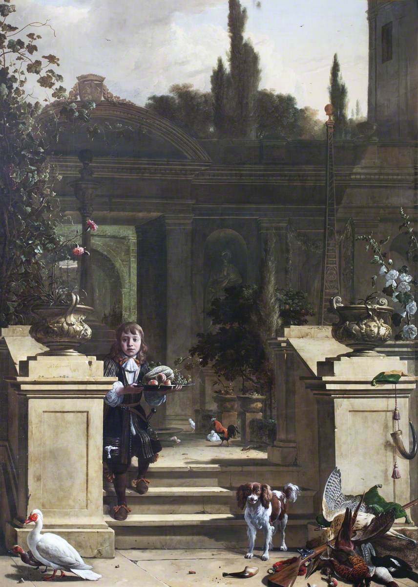 Melchior d'Hondecoeter, View of a Terrace with a Page Descending