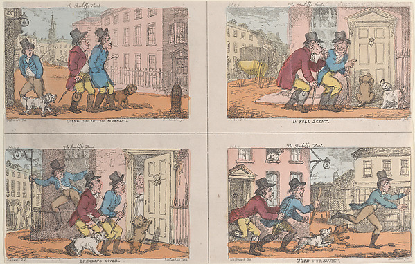 Thomas Rowlandson, The Bailiff's Hunt: Going Out in the Morning, In Full Scent, Breaking Cover, and The Pursuit