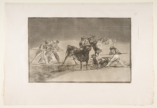 Goya (Francisco de Goya y Lucientes), Plate 17 of "La Tauromaquia": The Moors use donkeys as a barrier to defend themselves against the bull whose horns have been tipped with balls