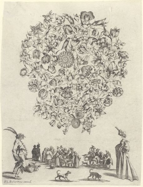 Moncornet, Balthasar, (approximately 1600-1668), (printmaker), Bouquets for gold- and silversmiths: Bouquet with flowers above a market scene